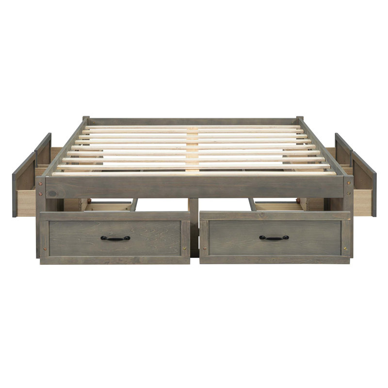 Lit plateforme double avec de grands tiroirs de rangement, Gris antique