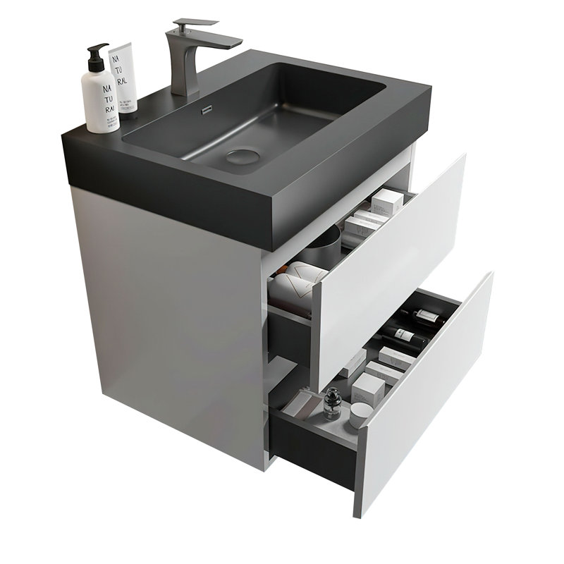 Meuble-lavabo simple mural 24 po avec surface solide avec trop-plein, 24 po, pré-assemblé, Beige, Noir mat, 24"
