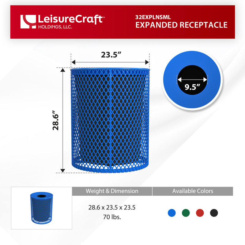 Leisure Craft 32 Gallon Expanded Metal Outdoor Receptacle, Blue