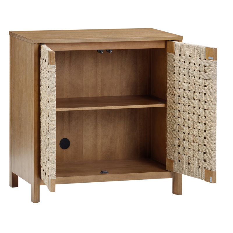 Rustic Wood TV Stand Cabinet With Seagrass Door Panels, Natural