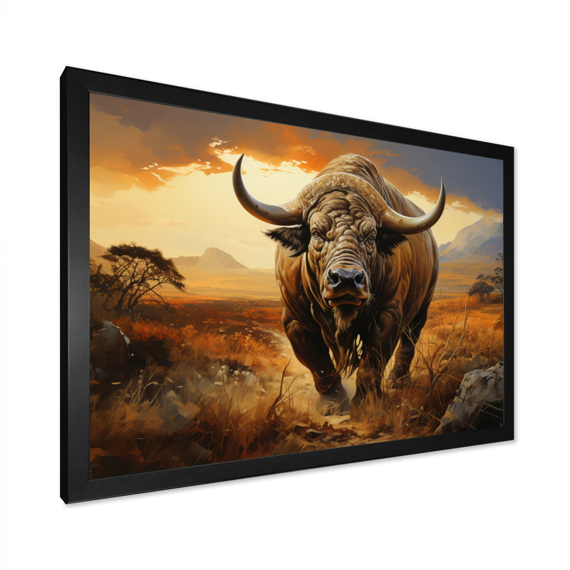 Animaux de buffle beige et orange sur toile, Cadre photo noir, H 34 po x l 44 po x P 1,5 po