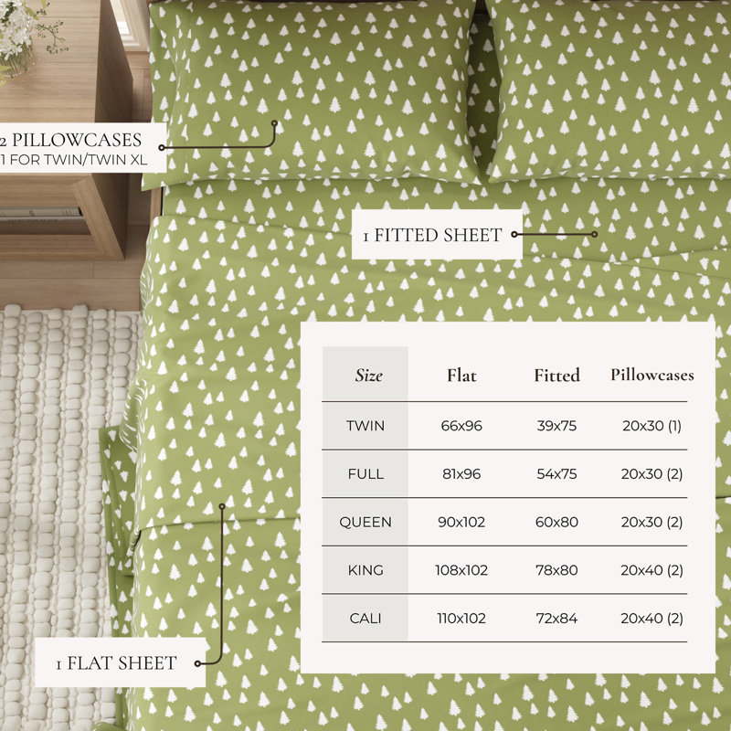 100% Turkish Cotton Winter Flannel Sheet Set, Little Trees - Olive, Queen with 2 Pillowcases
