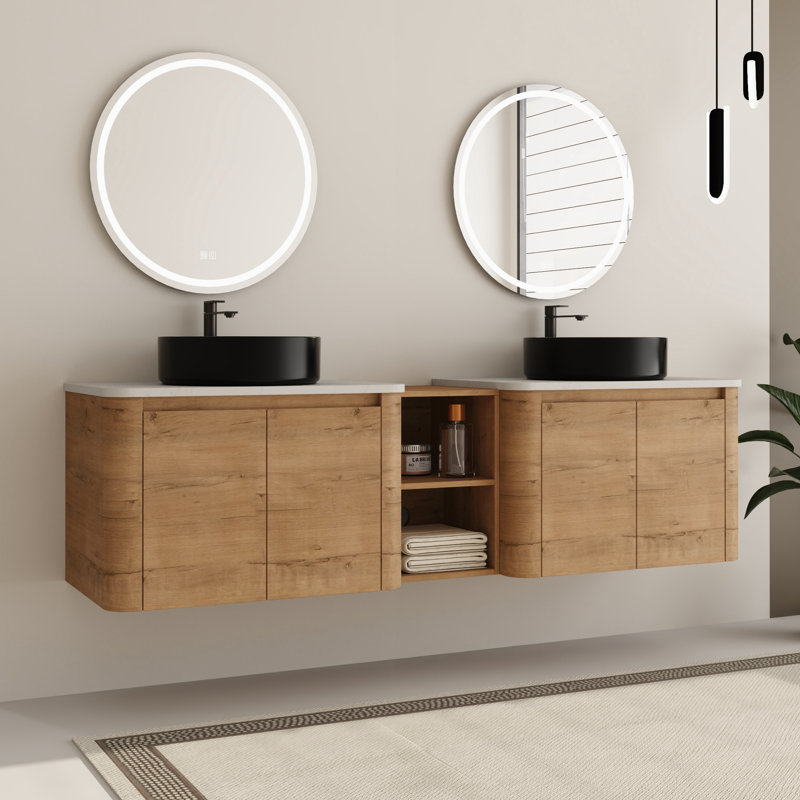 Eaton 72" Wall-Mounted Double Bathroom Vanity with Engineered Stone Top, Black, 72"