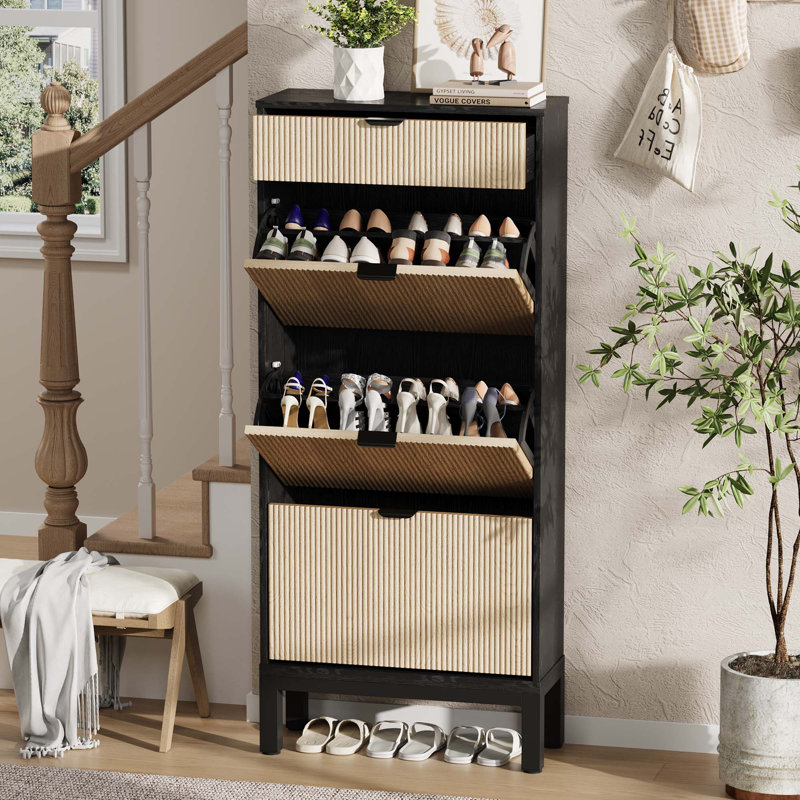 Shoe Storage Cabinet With 3 Flip Drawers & Large Drawer, Farmhouse Fluted Shoe Organizer With Metal Legs, Black
