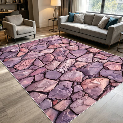 1PC Rustic Purple Irregular Cobblestone Stone Pattern area rugs for Living Room, Soft and Comfortable, Suitable for all seasons, easy-to-maintain, machine washable Indoor floor mat, Under Table Farmhouse suitable for dining table, kitchen, bedroom,