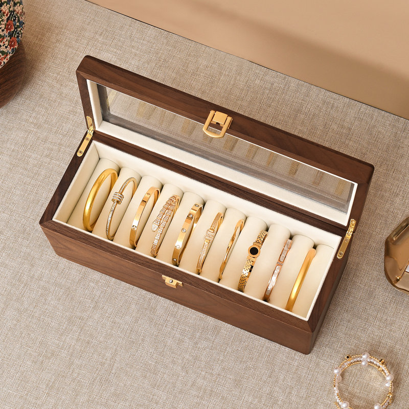 Black Walnut Wooden Jewelry Box, 10 Slots Glass Lid Organizer for Bracelets Bangle Display Storage.