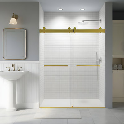 Porte de douche à double fermeture coulissante sans cadre de 56 à 60 po de largeur * 76 po de hauteur, finition dorée brossée, porte en verre trempé de 3/8 po (10 mm) d'épaisseur