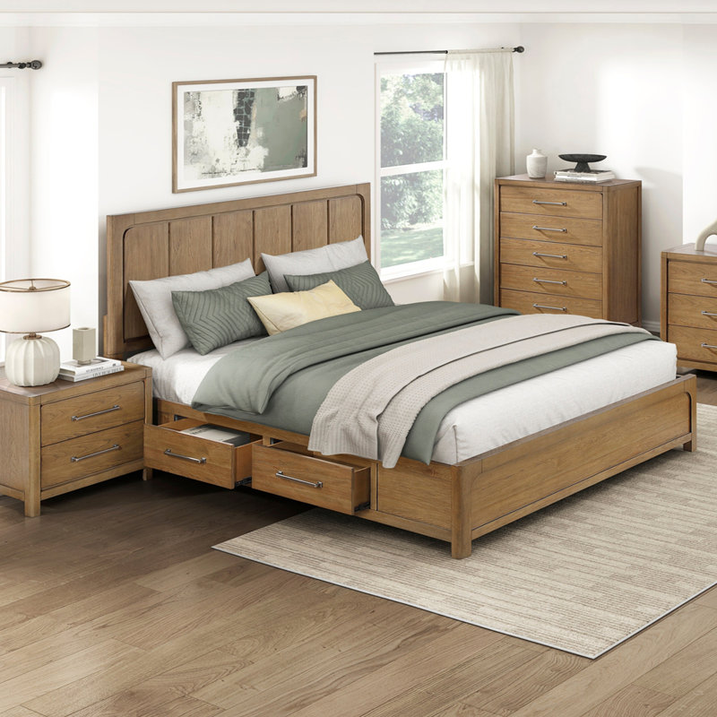 Lit plateforme au fini brun clair avec 4 tiroirs de rangement sur les rails latéraux et meubles de chambre à coucher modernes 1pc
