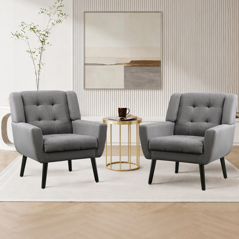 Ensemble de 2 fauteuils capitonnés rembourrés à dossier large, Mélange de lin gris clair