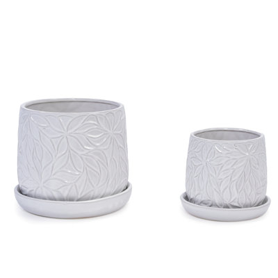 Pot de fleurs en céramique brillant blanc brillant de 2 avec feuille élégante, drainage optimal pour la croissance des plantes, décoration de pot de fleurs d'intérieur et d'extérieur moderne à l'allure minimaliste contemporaine