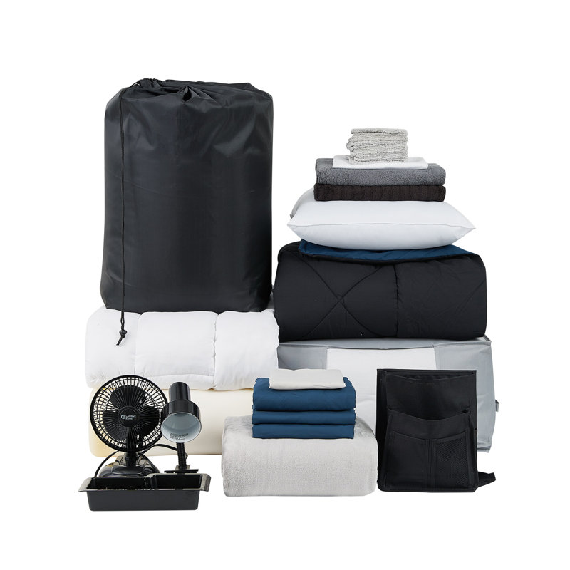 Fully-Loaded - Twin XL Dorm Bedding + College Student Essentials Package, Black/Navy Blue