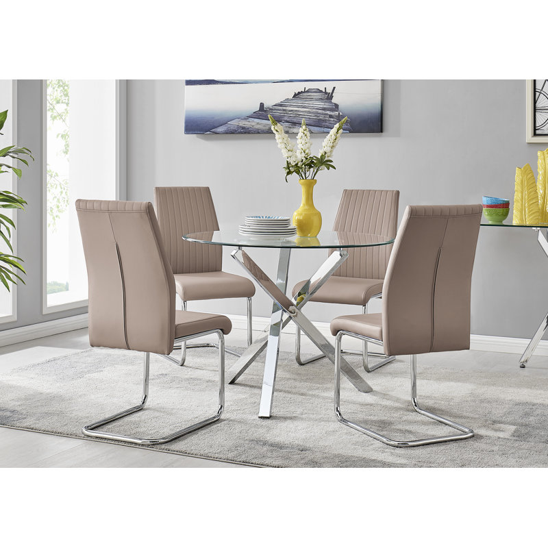 Seline Modern Round Dining Table Set in Glass and Chrome with 4 Upholstered Faux Leather Chairs, Cappuccino Beige