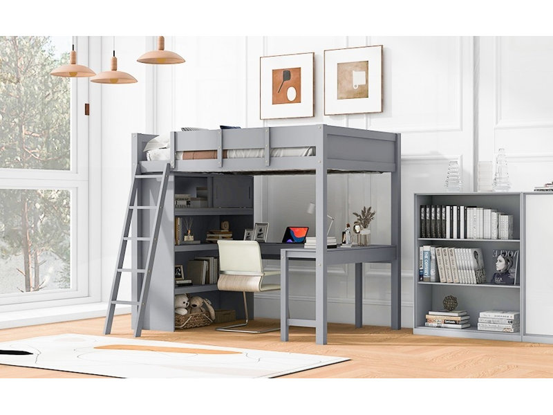 Lit mezzanine double avec bureau et tablette - Gris (L 78 po x l 57,6 po x H 70,9 po, aucun sommier requis, support solide)