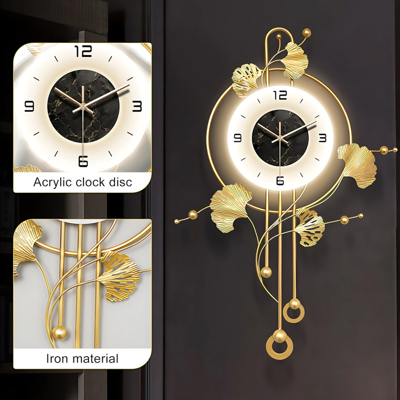 Grande horloge murale 28 po x 20 po dorée moderne en métal Ginkgo | Horloge murale décorative élégante avec lumière DEL