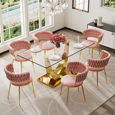 Rectangular Pedestal Dining Set with Modern Weaven Velvet Dininig Chair