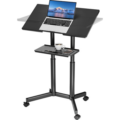 Pupitre mobile ajustable pour ordinateur portable avec plateau inclinable, tablette de rangement et roulettes verrouillables