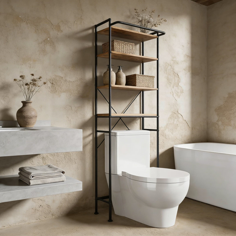 Étagère de rangement au-dessus de la toilette, organisateur de salle de bain à 4 niveaux avec tablette réglable, barre à serviettes et panier en filet, économiseur d'espace autoportant pour les essentiels de salle de bain