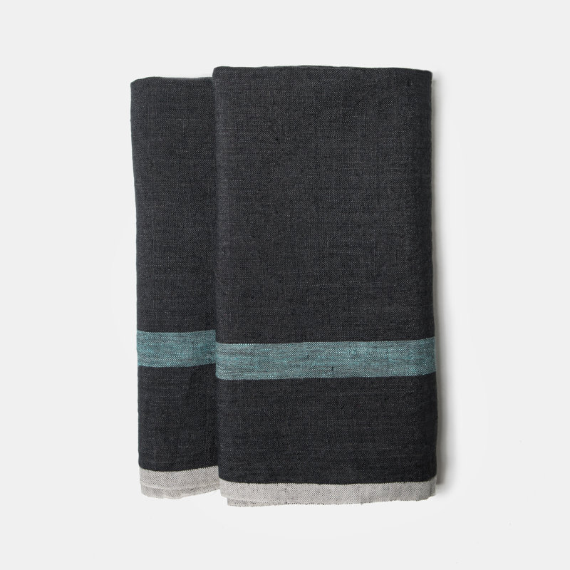 Laundered Stripe Tea Towel Kitchen Towel, Charcoal/Aqua
