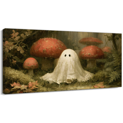 Art mural sur toile grand fantôme d'Halloween avec scène de forêt champignon rétro, joli décor de fantôme pour la maison, œuvre d'art prête à être suspendue pour le salon, la chambre à coucher, le vestibule, 58 x 28 po