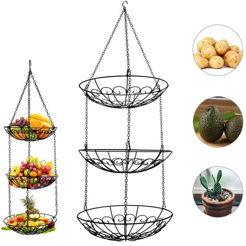 Panier de fruits à 3 niveaux, rangement pour légumes et fruits et légumes, panier de cuisine suspendu en fer brun rustique