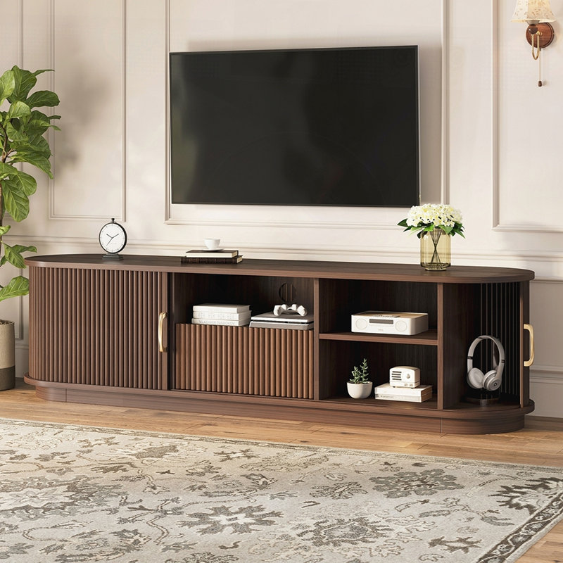 Vintage Rustic TV Stand with Sliding Wood Slatted Doors for TVs up to 75, Farmhouse Fluted TV Cabinet with Drawer, Wood Grain Media Console with Cable Management
