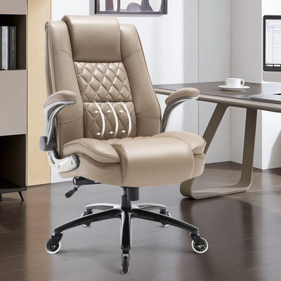 High Back Executive Office Chair with Adjustable Lumbar Support, Flip-Up Padded Arms, Thick Spring Cushion, Faux Leather Swivel Desk Chair with Wheels, 350 lbs Capacity
