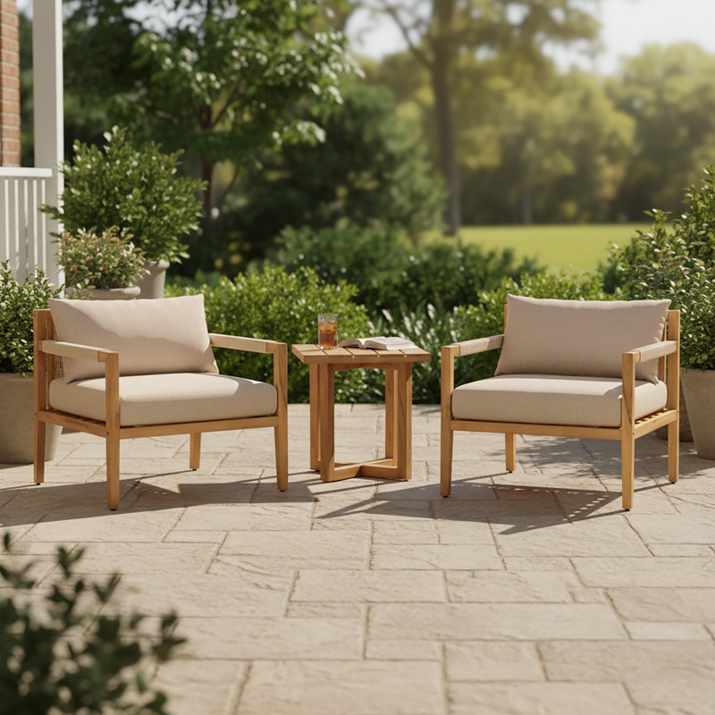 Brandon Outdoor 3-Piece Acacia Wood Conversation Set With Woven Rope & Cushions, 3 Pcs: Table, 2 Chairs