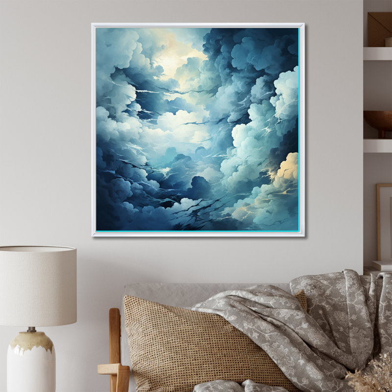 Tempête de nuages bleus et blancs sur toile, Cadre flottant blanc, H 36 po x l 36 po x P 1,5 po