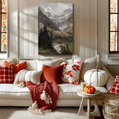 1pc Framed Wall Art Canvas Painting Snowy mountains and canyons, pine forests and streams, realistic landscape oil painting style Decor Print Vintage Wall Poster Home Decor Perfect Gift for Modern Artwork For Bedroom Living Room