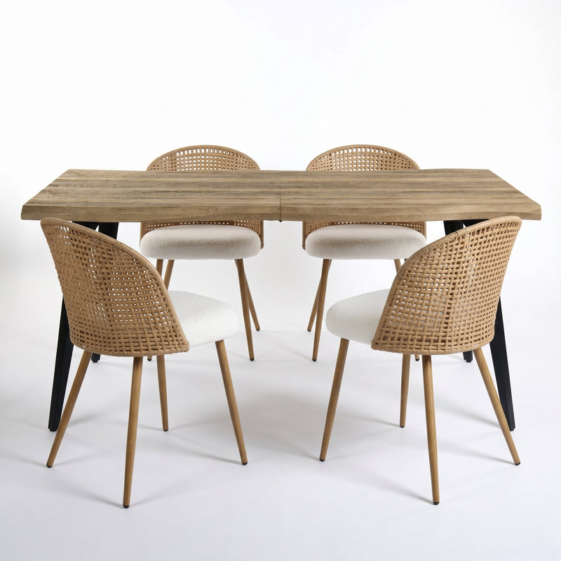 5-Piece Modern Dining Set – Space-Saving Extendable Table With 4 Upholstered Chairs, Walnut, Beige/Walnut