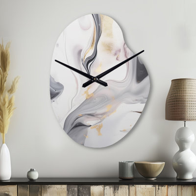Kincso White And Grey Ripples Of Stone I - Marble Asymmetrical Metal Wall Clock, White Irregular Shape Wall Clock Print