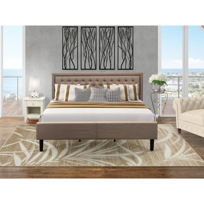 Ensemble de chambre à coucher 2 pièces - 1 très grande base de lit en tissu de lin brun capitonné et tête de lit capitonnée à boutons avec 1 table de chevet en bois - Table de chevet au fini crème au beurre brossé