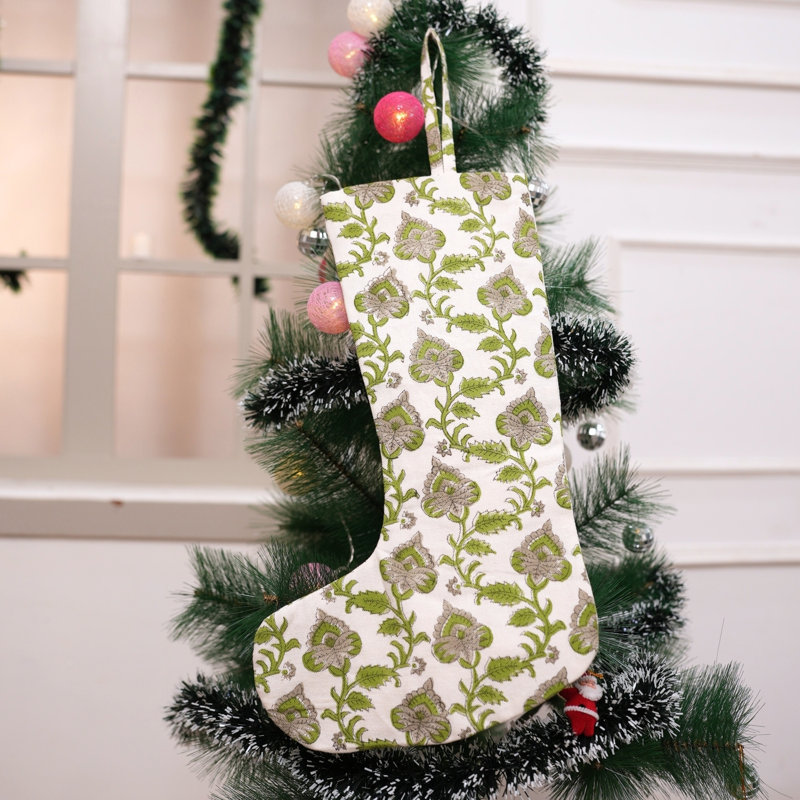  Bas de Noël en coton imprimé à la main avec décoration de Noël intemporelle - Madubala, H 10 po x l 4,5 po