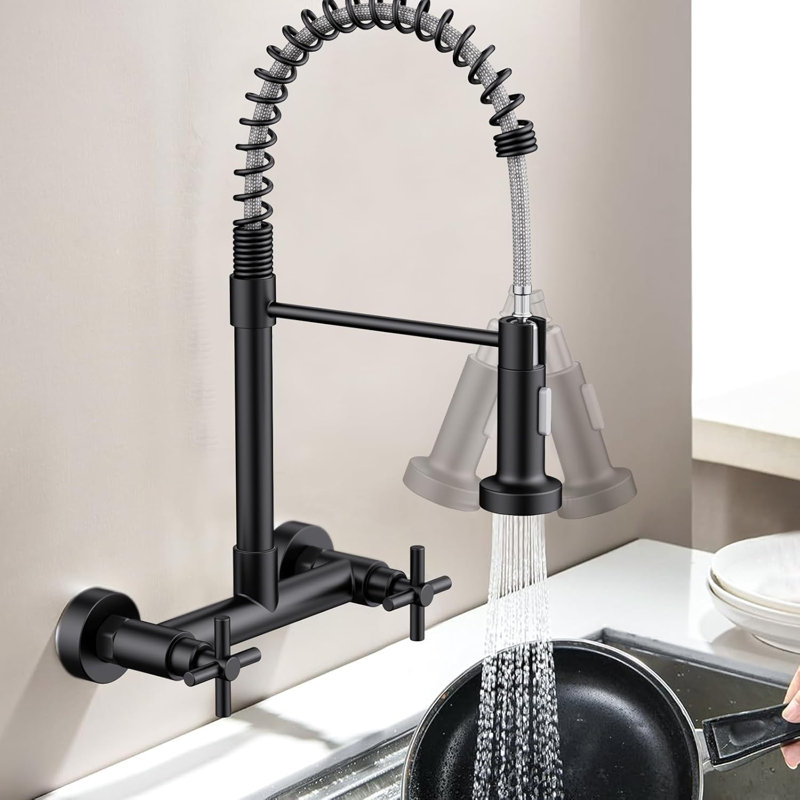 Double-Handle 2-Hole Wall-Mount Pre-Rinse Bridge Kitchen Faucet, Mattle Black