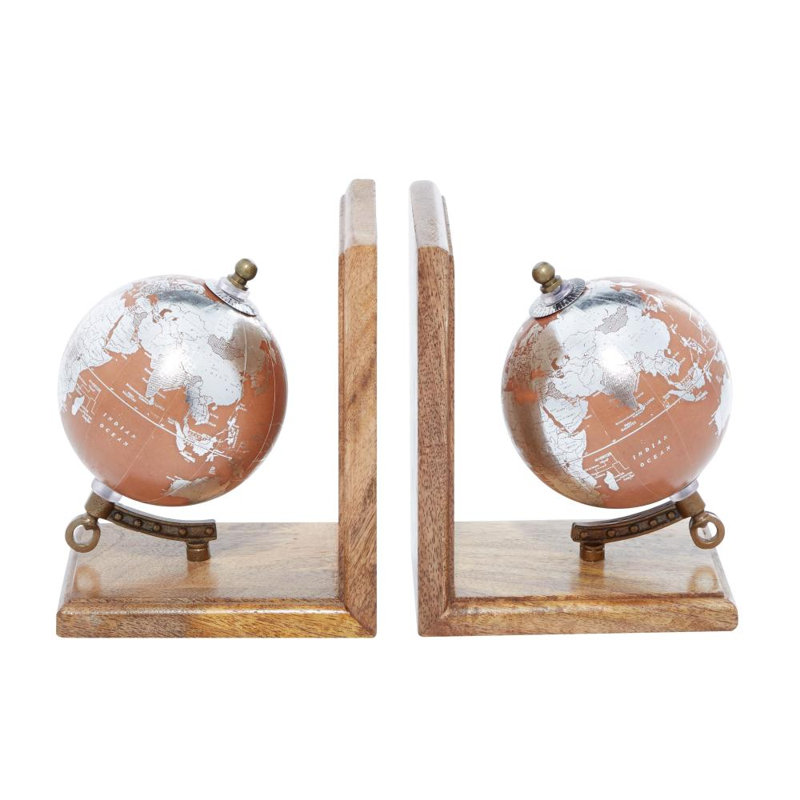 Wood Globe Decorative Brown Bookends Set