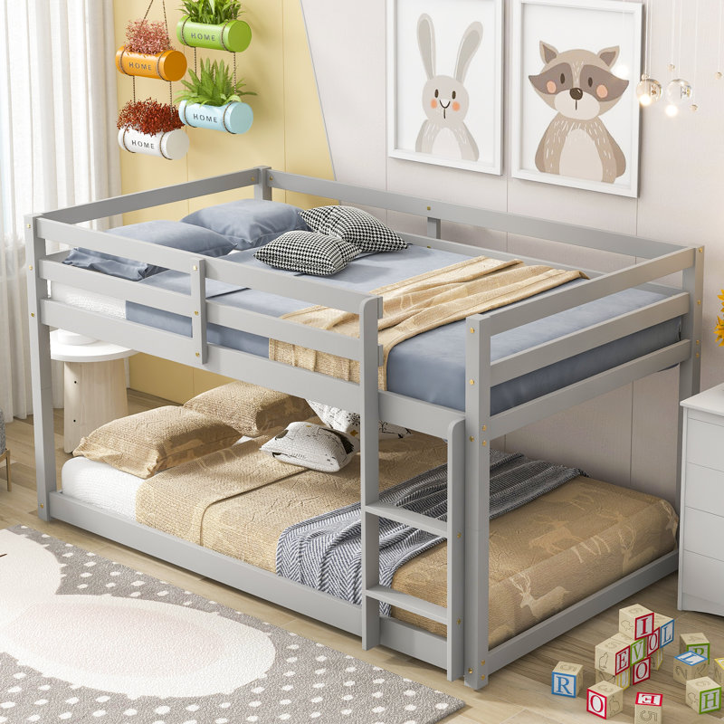 Twin Over Twin Floor Bunk Bed,Pink, Gris