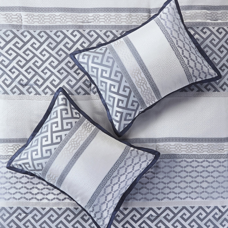Elegant Navy King Bed - 7 Piece With Comforter, Shams & Silk-Like Pillows Skirt Luxury Comforter Shams,, Navy