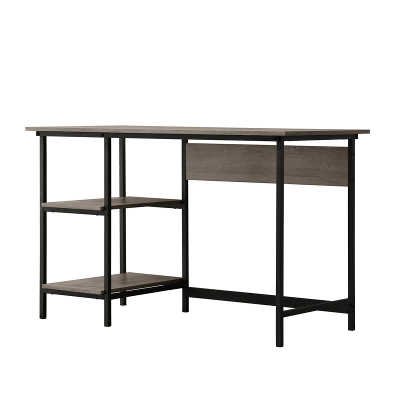 Bureau gris patiné avec 2 tablettes et décor en métal, espace de rangement