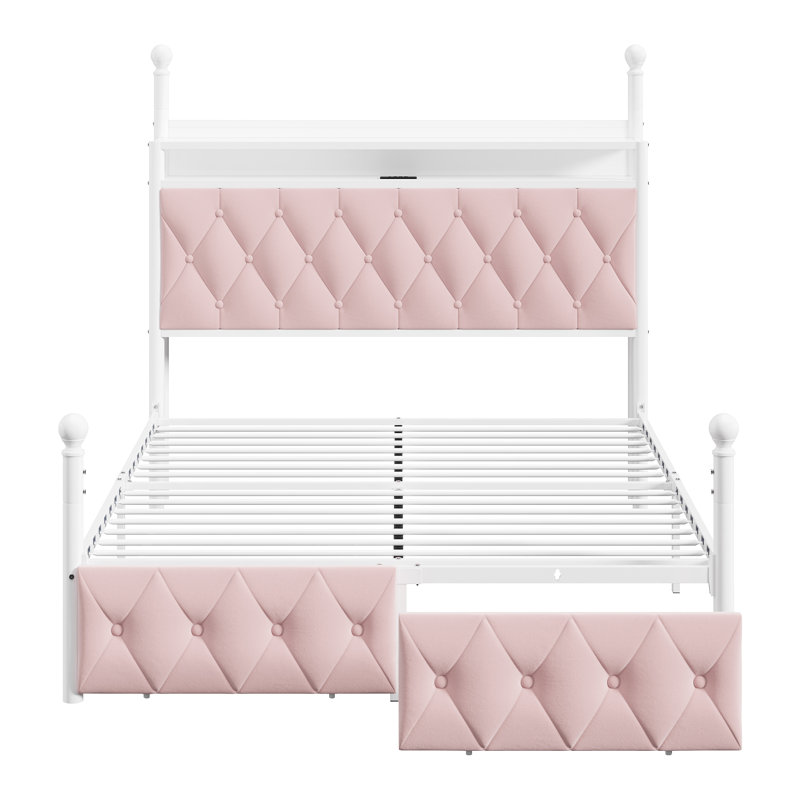 LED Canopy Bed Frame With USB Charging Ports, Modern Storage Bed, Metal Bed Frame With 2-Tier Shelves, Hidden Storage, Convertible Canopy To Platform Bed Frame