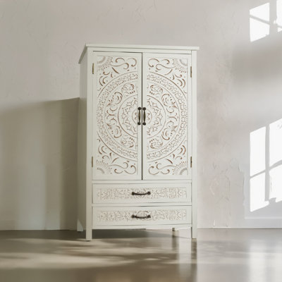Tall White & Natural Multi-functional Storage Cabinet With Carved Detailing