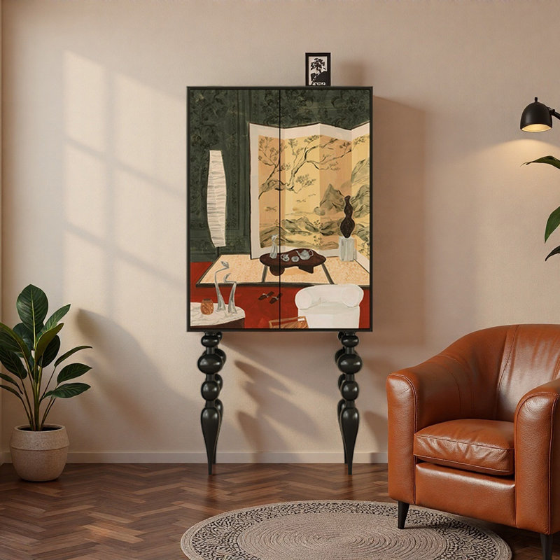Solid Wood High Leg Cabinet with Vintage Pattern
