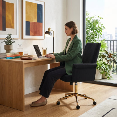 Chaise de bureau - Chaise de bureau de luxe en velours côtelé noir avec base dorée et support en mousse à mémoire de forme