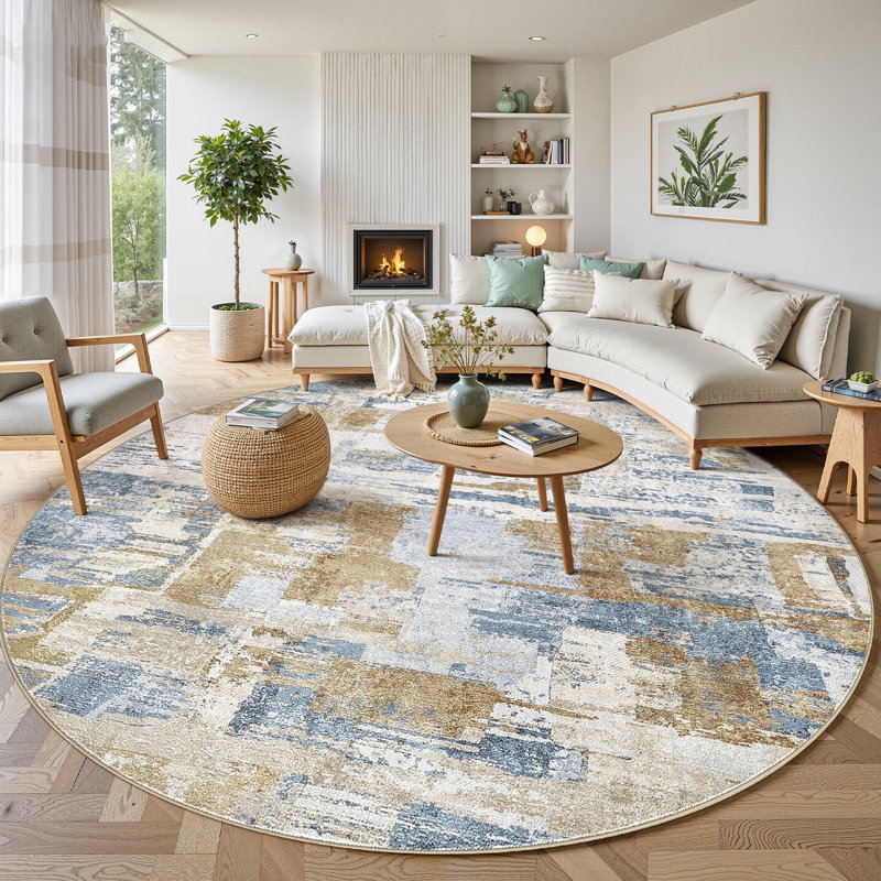 Tapis abstrait à motif abstrait Boho, Blue, Round 9'