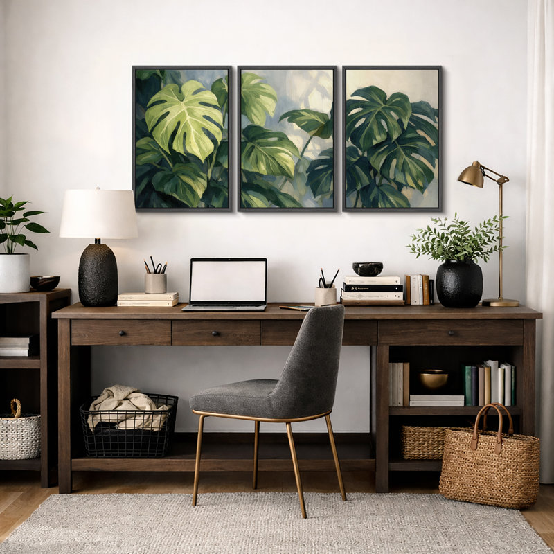 «Tropical Green Monstera Leaves», impression sur toile encadrée, impression sur toile, H 24 po x l 48 po, Cadre flottant noir