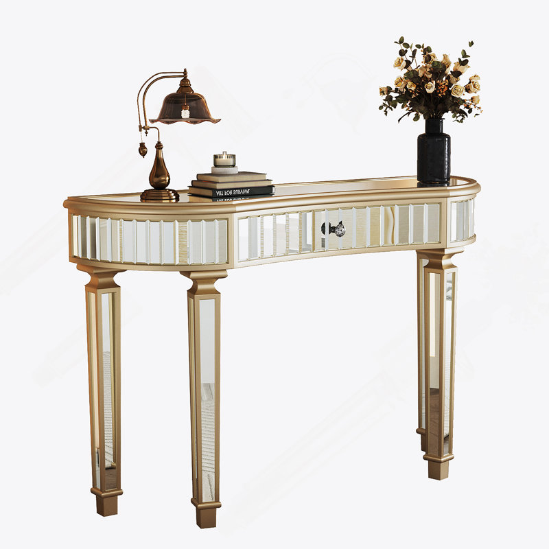 Half-Moon Mirrored Console Table With Fluted Glass And Crystal Knob Drawer, A Versatile And Elegant Addition To Any Home Interior