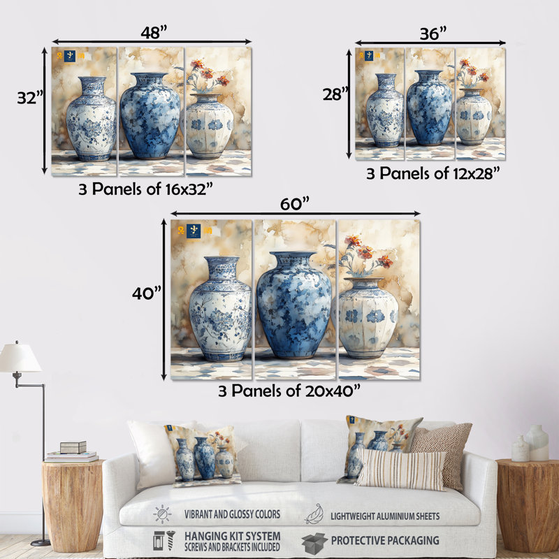 Ensemble de décorations murales «Blue Stately Vases II - Morocco Pottery», Métal métal, H 40 po x l 60 po x P 1 po