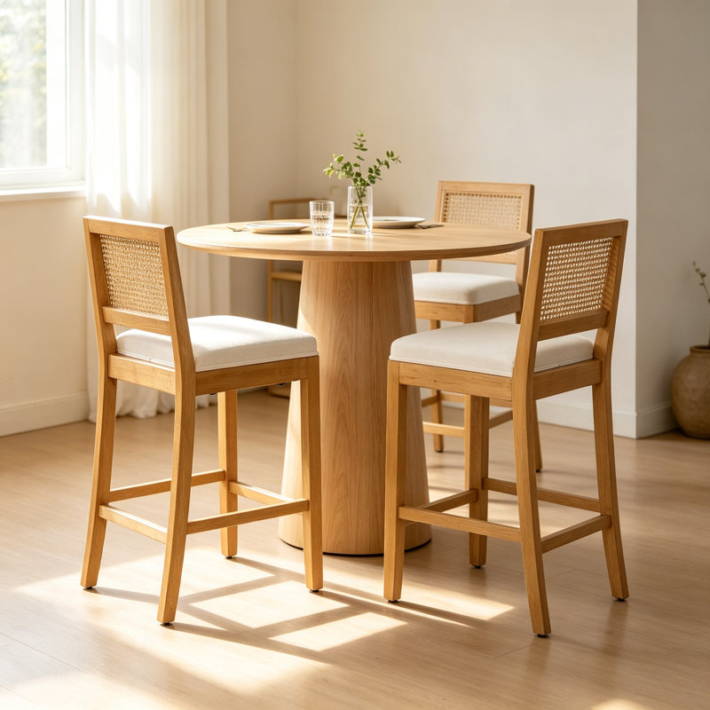 Tabourets de bar en bois massif avec dossier en rotin (lot de 2), Beige