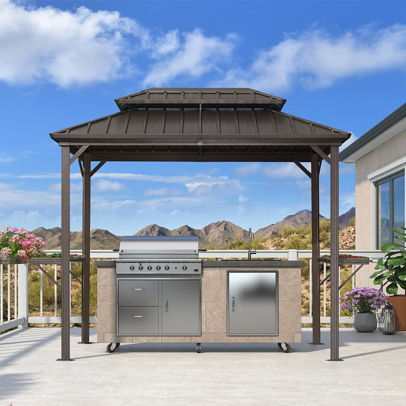 Metal Hardtop Grill Gazebo  with 2 Side Shelves for BBQ, 6' x 9'