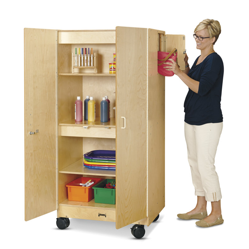 Large Beige Wood Mobile Storage Cabinet with Lockable Doors