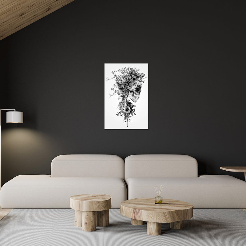 Tête de mort en noir et blanc, reproduction sur verre acrylique, H 24 po x l 16 po x P 0,25 po